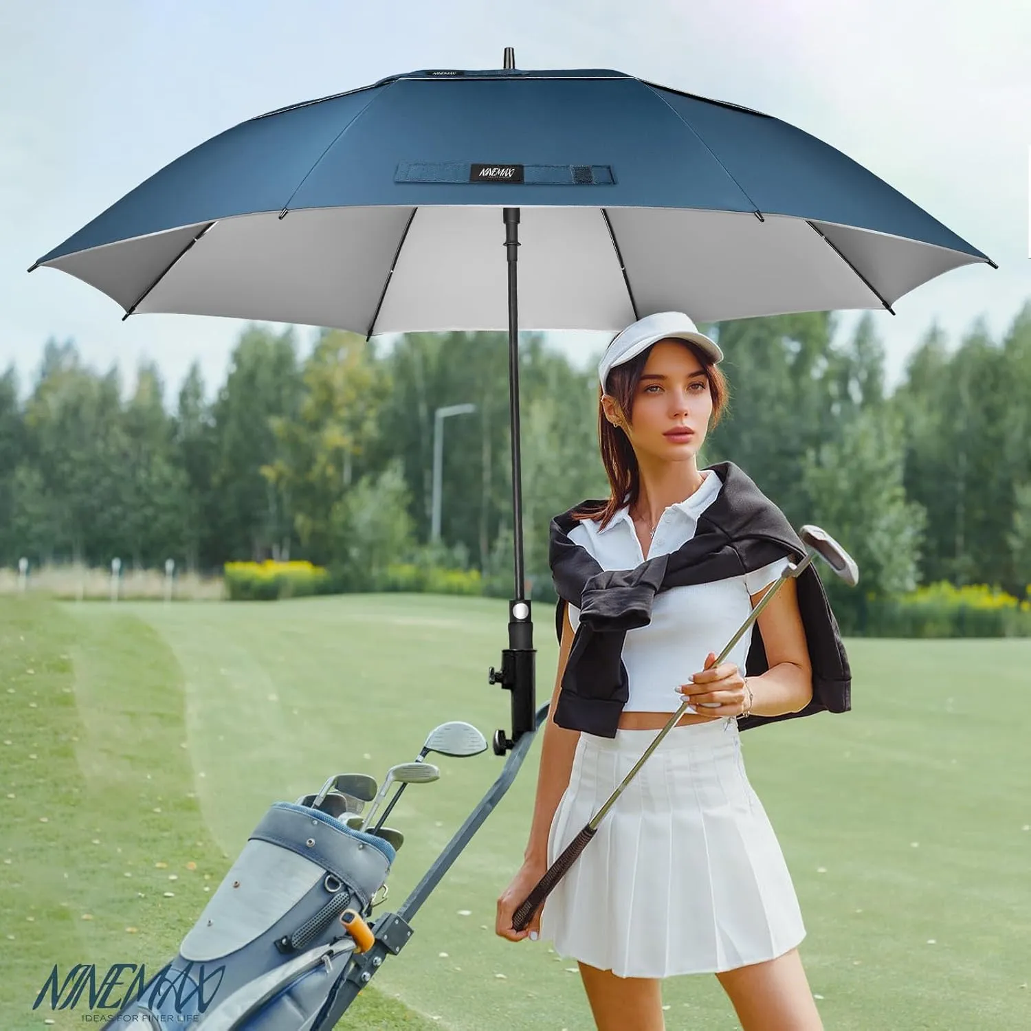 NINEMAX 62/68 Inch Golf Umbrella UV Protection, Large Windproof UV Umbrellas Auto Open Double Canopy Vented Sun Blocking UPF 50  for Sun and Rain