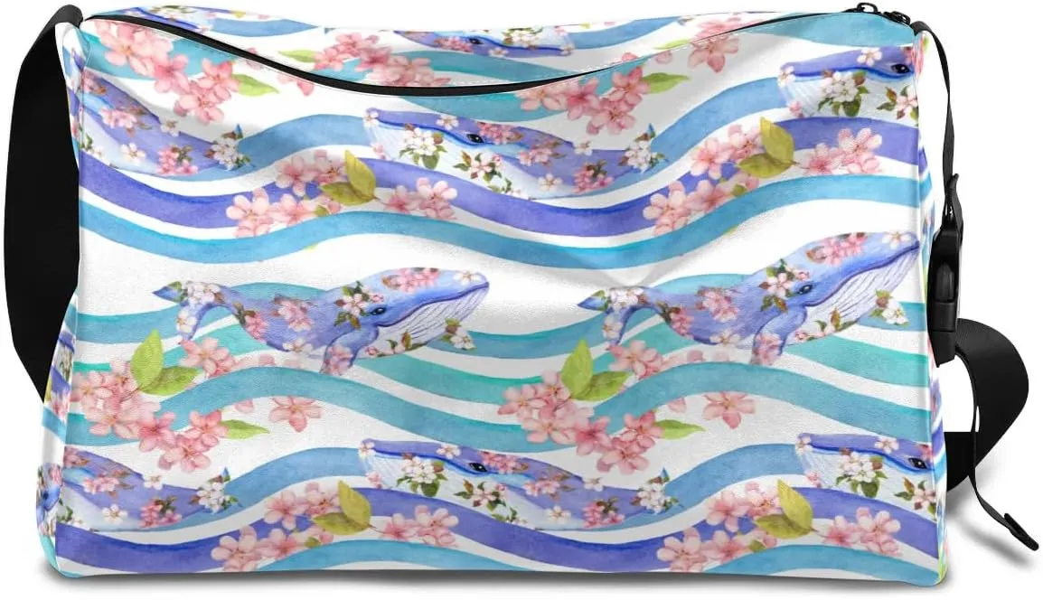 Ocean Sea Whale Flower Small Gym Bag for Men Women Workout Sport Duffle Bag Waterproof Weekender Overnight Bag Lightweight Carry on Tote Bag Crossbody Shoulder Travel Bag for Swim Yoge Dance