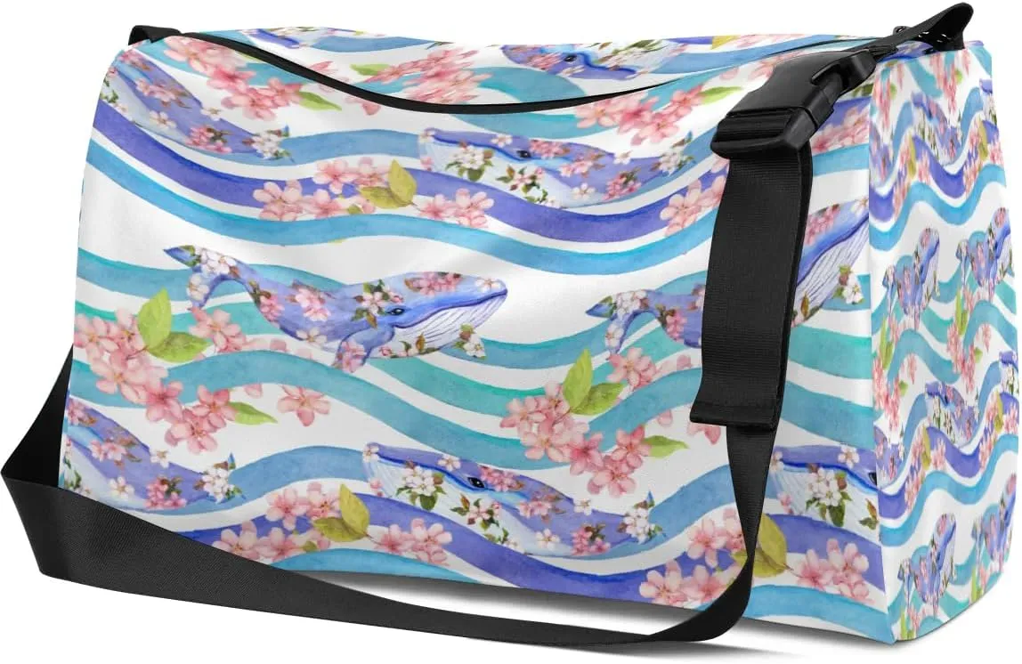Ocean Sea Whale Flower Small Gym Bag for Men Women Workout Sport Duffle Bag Waterproof Weekender Overnight Bag Lightweight Carry on Tote Bag Crossbody Shoulder Travel Bag for Swim Yoge Dance