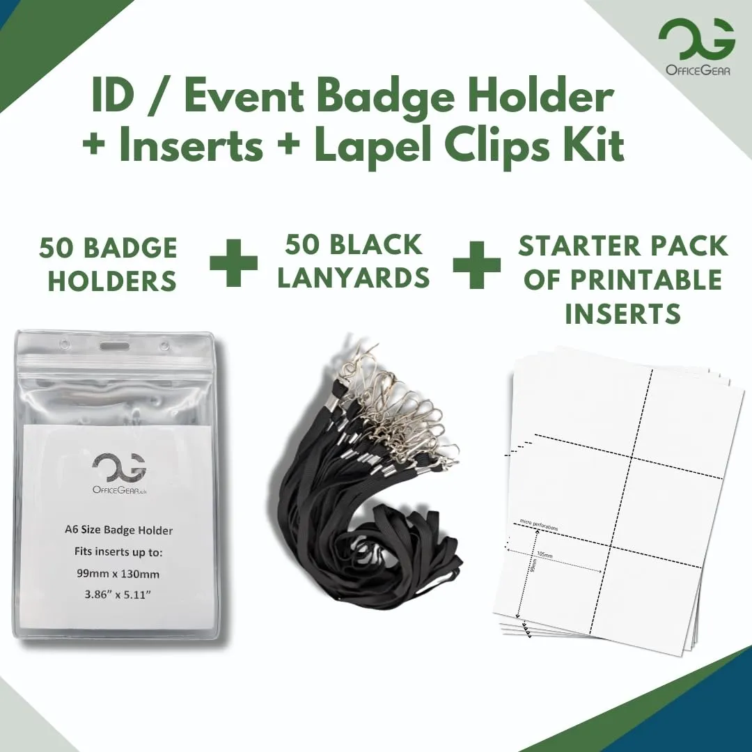 OfficeGear Event Badge Holder [50 Pack] Vertical Hanging Size A6 (4x6 inch 105x150mm) Plus Lanyards and Printable Inserts - Ziplock Closure for ID Cards Passports Delegate Exhibitor Visitor Badges