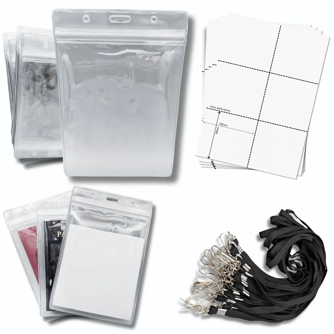 OfficeGear Event Badge Holder [50 Pack] Vertical Hanging Size A6 (4x6 inch 105x150mm) Plus Lanyards and Printable Inserts - Ziplock Closure for ID Cards Passports Delegate Exhibitor Visitor Badges