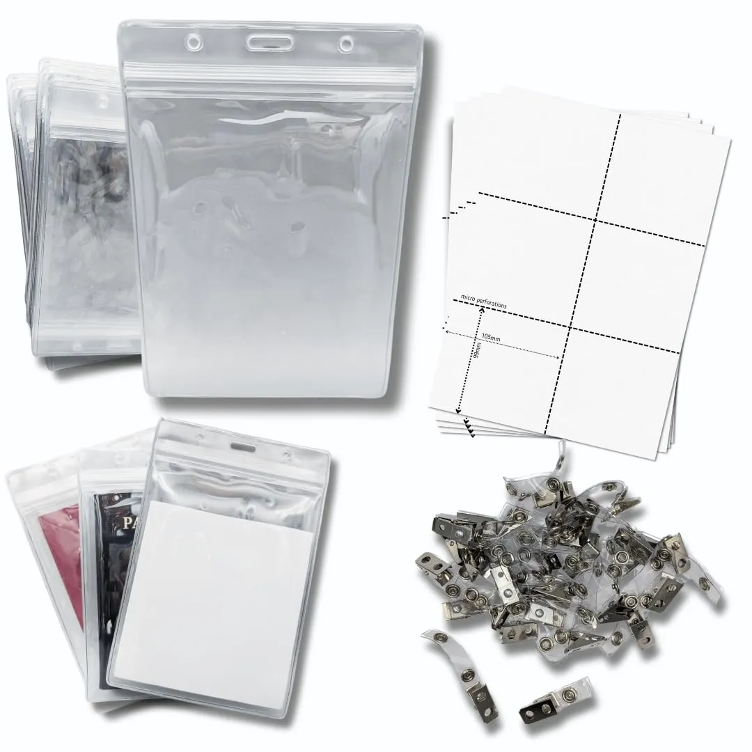 OfficeGear Event Badge Holder [50 Pack] Vertical Hanging Size A6 (4x6 inch 105x150mm) Plus Lapel Clips and Printable Inserts - Ziplock Closure for ID Cards Passports Delegate Exhibitor Visitor Badges