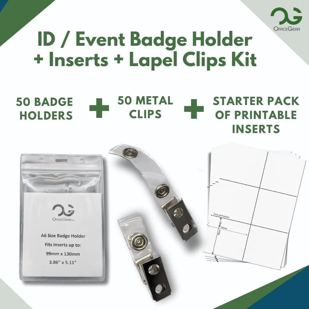 OfficeGear Event Badge Holder [50 Pack] Vertical Hanging Size A6 (4x6 inch 105x150mm) Plus Lapel Clips and Printable Inserts - Ziplock Closure for ID Cards Passports Delegate Exhibitor Visitor Badges