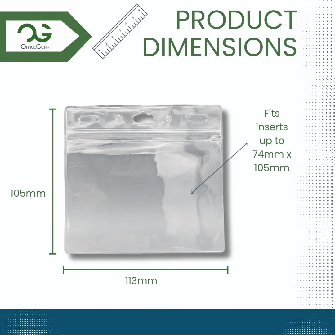 OfficeGear ID Badge Holder [50 Pack] Horizontal Hanging Size A7 (4x3 inch 150x74mm) Plus Lapel Clips and Printable Inserts Ziplock Closure for ID Cards Licences Delegate Exhibitor Visitor Badges