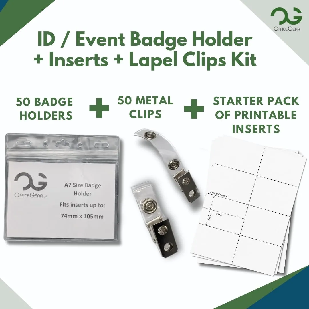 OfficeGear ID Badge Holder [50 Pack] Horizontal Hanging Size A7 (4x3 inch 150x74mm) Plus Lapel Clips and Printable Inserts Ziplock Closure for ID Cards Licences Delegate Exhibitor Visitor Badges