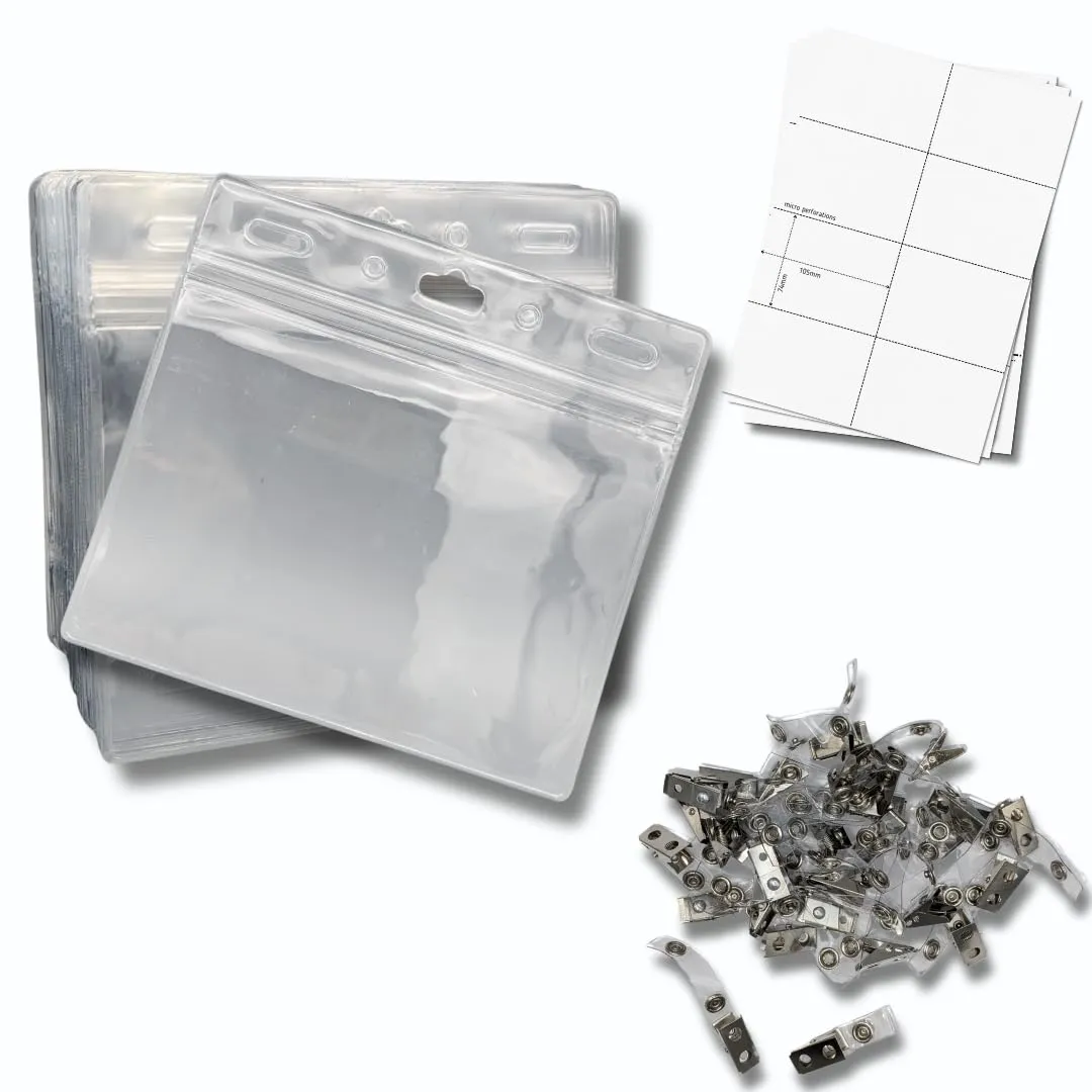 OfficeGear ID Badge Holder [50 Pack] Horizontal Hanging Size A7 (4x3 inch 150x74mm) Plus Lapel Clips and Printable Inserts Ziplock Closure for ID Cards Licences Delegate Exhibitor Visitor Badges