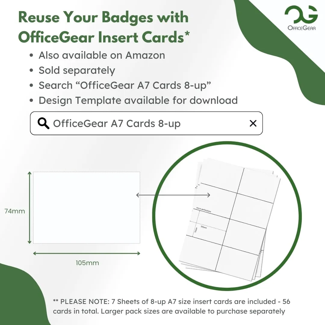 OfficeGear ID Badge Holder [50 Pack] Horizontal Hanging Size A7 (4x3 inch 150x74mm) Plus Lapel Clips and Printable Inserts Ziplock Closure for ID Cards Licences Delegate Exhibitor Visitor Badges
