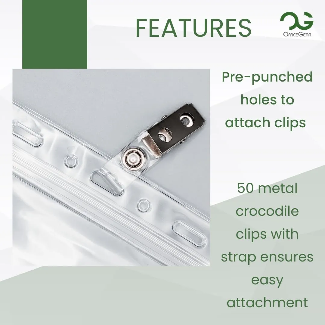 OfficeGear ID Badge Holder [50 Pack] Horizontal Hanging Size A7 (4x3 inch 150x74mm) Plus Lapel Clips and Printable Inserts Ziplock Closure for ID Cards Licences Delegate Exhibitor Visitor Badges
