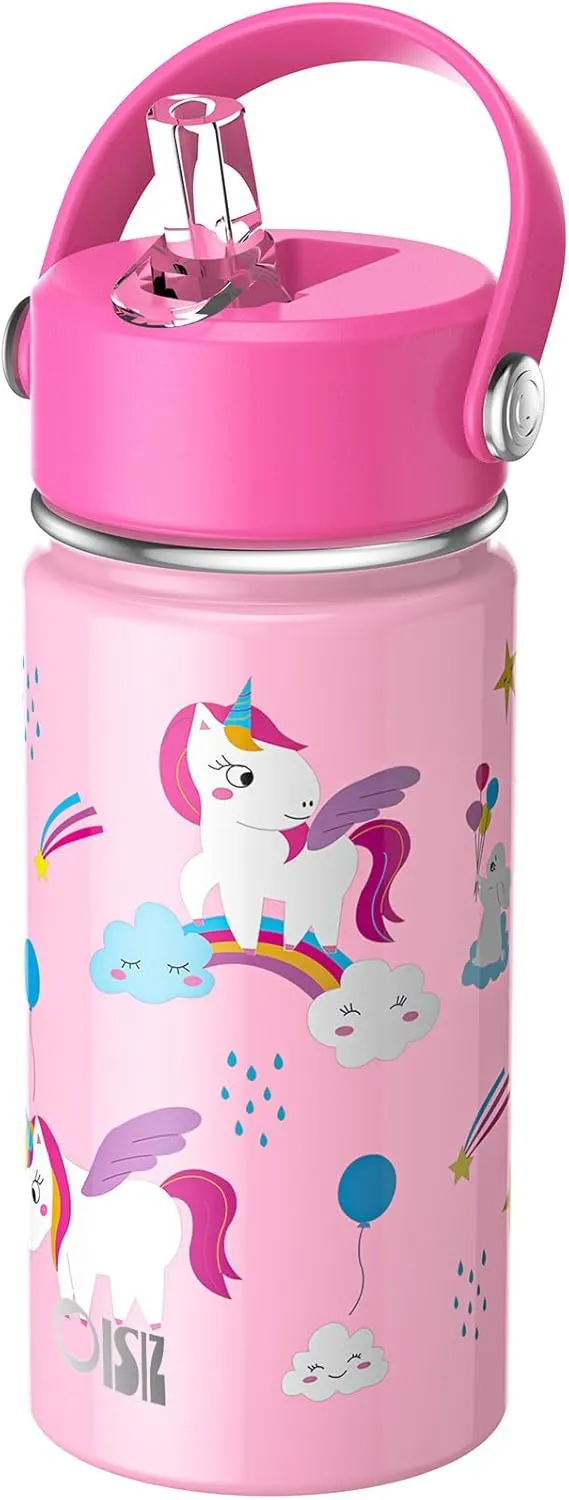 OISIZ Kids Water Bottle with Straw Lid 14oz, Vacuum Insulated 316 Stainless Steel Water Bottles for Kids for School, Leakproof Water Bottle, BPA Free and Keep Cold for 24 Hours