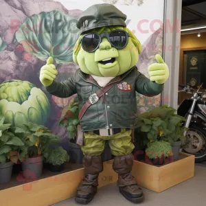 Olive Cabbage mascot costume character dressed with a Biker Jacket and Berets, Large