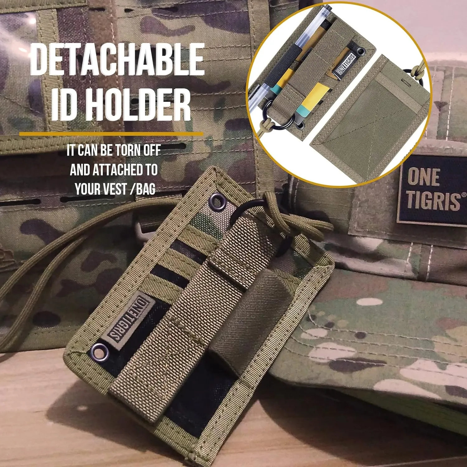 OneTigris Tactical ID Card Holder Hook & Loop Patch Badge Holder Neck Lanyard Key Ring and Credit Card Organizer