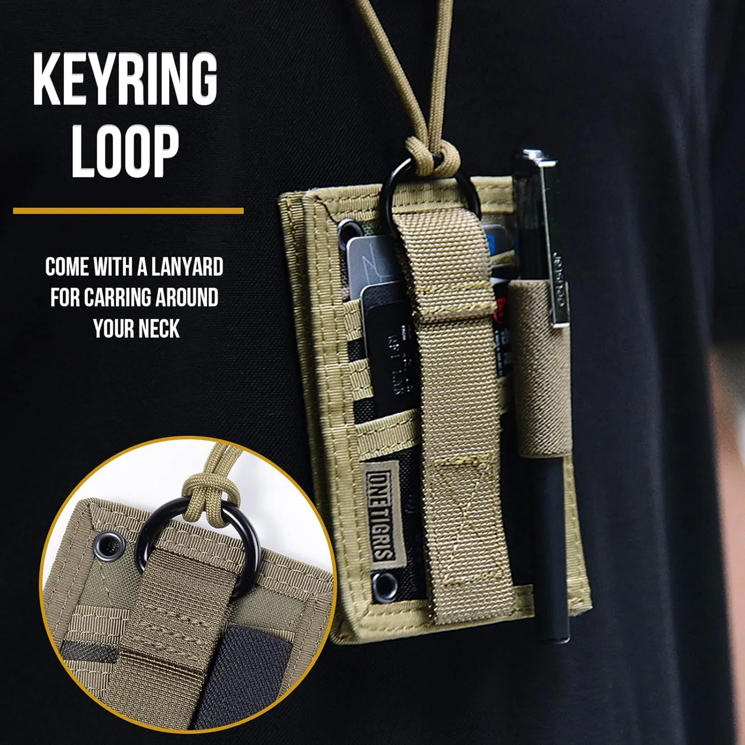 OneTigris Tactical ID Card Holder Hook & Loop Patch Badge Holder Neck Lanyard Key Ring and Credit Card Organizer