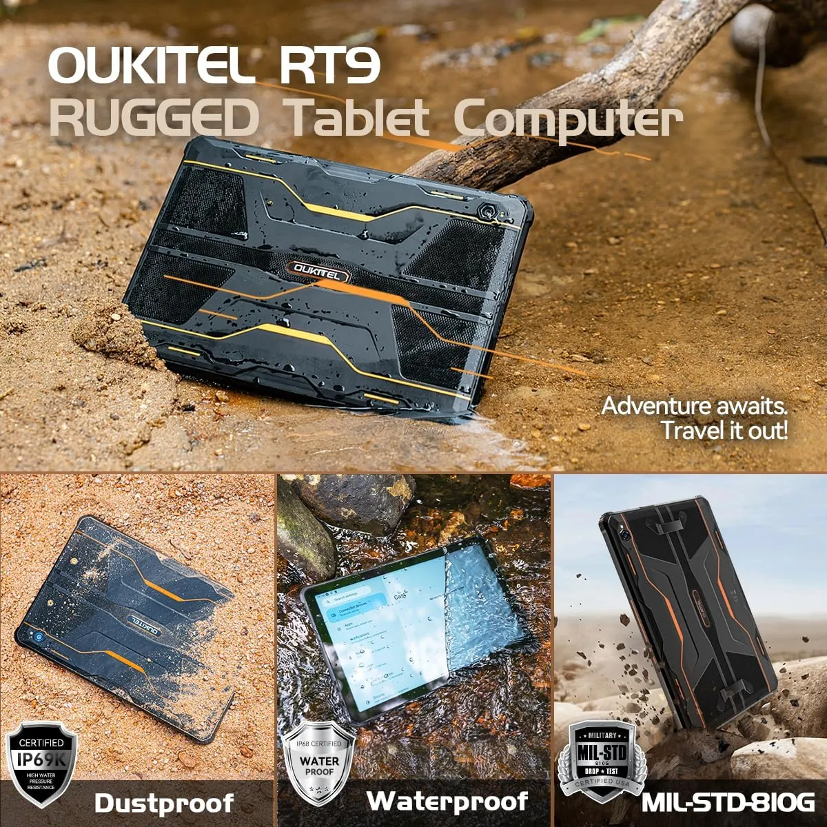 OUKITEL RT9 Rugged Tablet 10 inch Tablet Android - 24GB RAM 256GB ROM 1TB Expandable Storage, 11000mAh,16MP 16MP Camera, 4G Dual SIM Phablet Compatible with T-Mobile Tablet Computer Waterproof