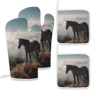 Oven Mitts and Pot Holders Sets of 4 Heat Resistant Kitchen Gloves Horse on A Misty Mountaintop Oven Mitts BBQ Gloves Oven Gloves and Hot Pads Non-Slip Potholders for Kitchen Baking Cooking