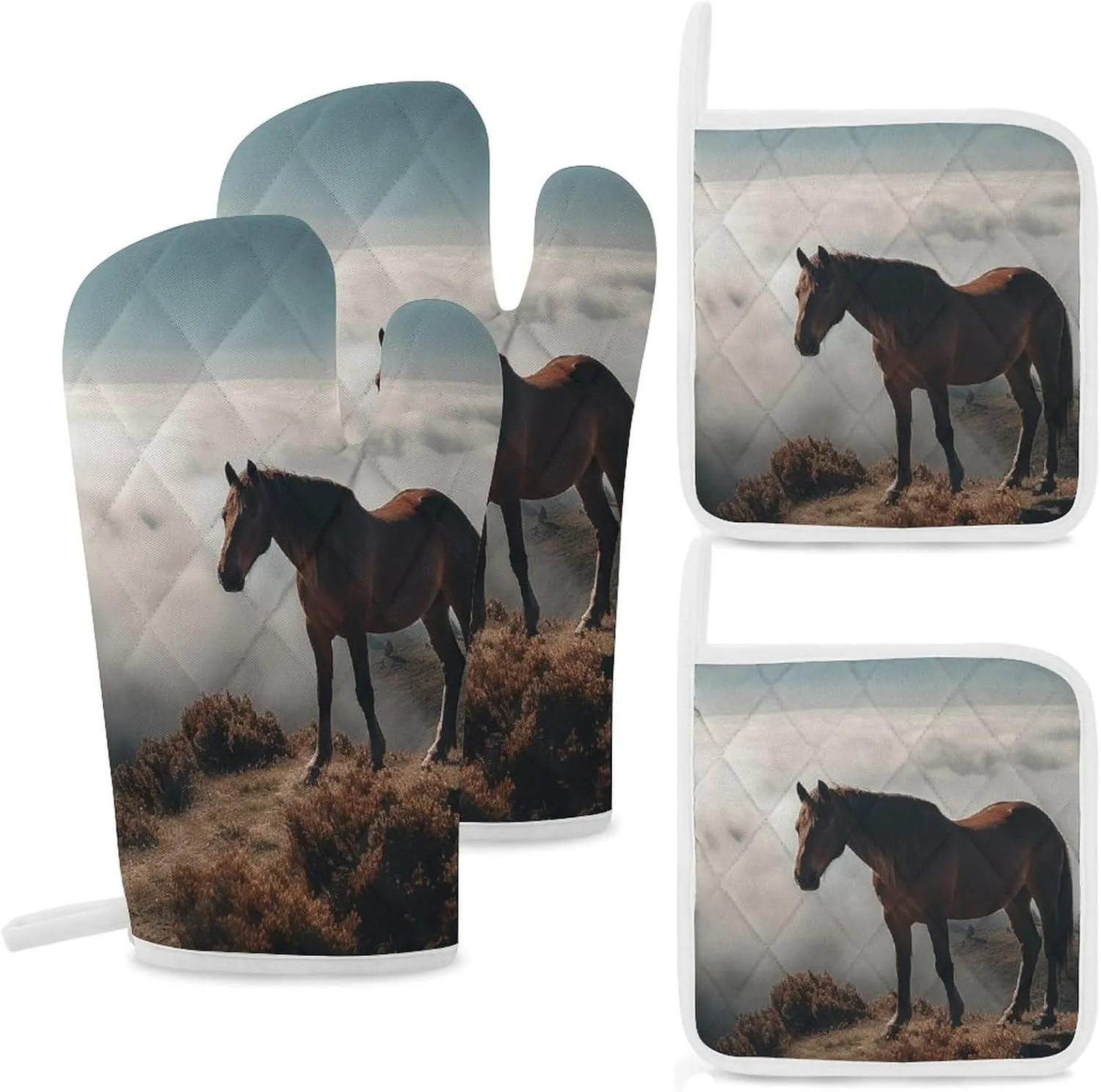 Oven Mitts and Pot Holders Sets of 4 Heat Resistant Kitchen Gloves Horse on A Misty Mountaintop Oven Mitts BBQ Gloves Oven Gloves and Hot Pads Non-Slip Potholders for Kitchen Baking Cooking