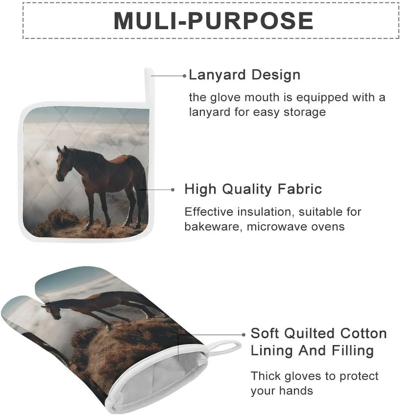 Oven Mitts and Pot Holders Sets of 4 Heat Resistant Kitchen Gloves Horse on A Misty Mountaintop Oven Mitts BBQ Gloves Oven Gloves and Hot Pads Non-Slip Potholders for Kitchen Baking Cooking