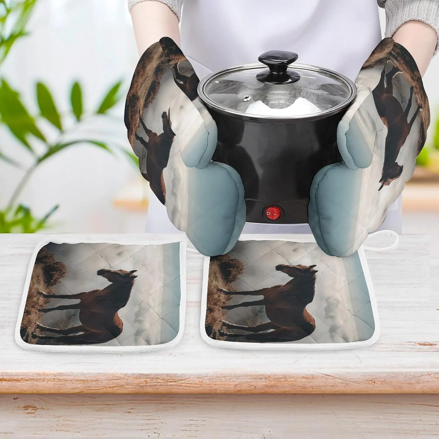 Oven Mitts and Pot Holders Sets of 4 Heat Resistant Kitchen Gloves Horse on A Misty Mountaintop Oven Mitts BBQ Gloves Oven Gloves and Hot Pads Non-Slip Potholders for Kitchen Baking Cooking