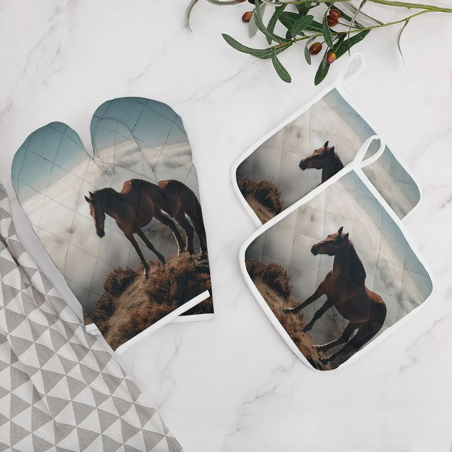 Oven Mitts and Pot Holders Sets of 4 Heat Resistant Kitchen Gloves Horse on A Misty Mountaintop Oven Mitts BBQ Gloves Oven Gloves and Hot Pads Non-Slip Potholders for Kitchen Baking Cooking