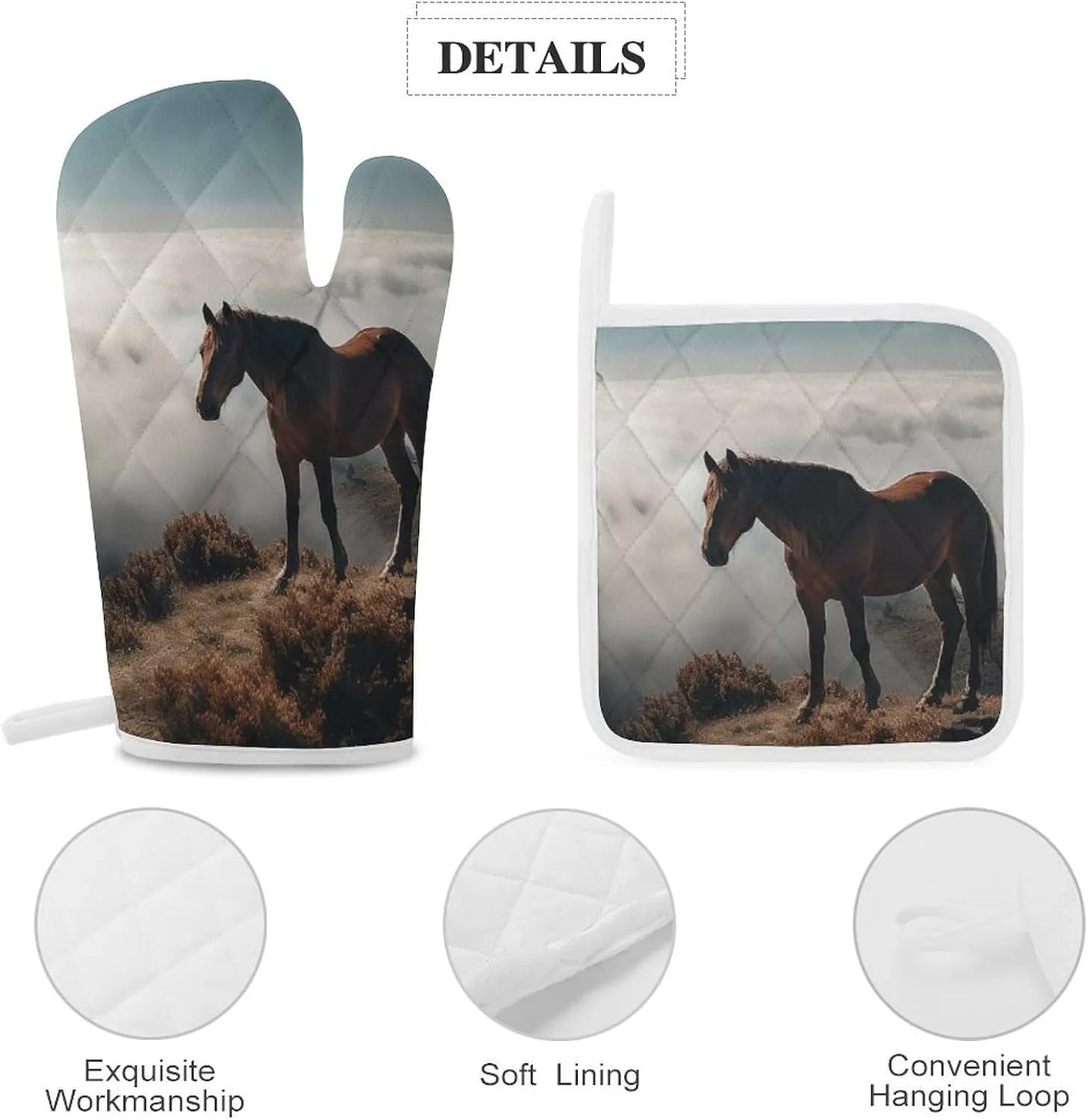 Oven Mitts and Pot Holders Sets of 4 Heat Resistant Kitchen Gloves Horse on A Misty Mountaintop Oven Mitts BBQ Gloves Oven Gloves and Hot Pads Non-Slip Potholders for Kitchen Baking Cooking