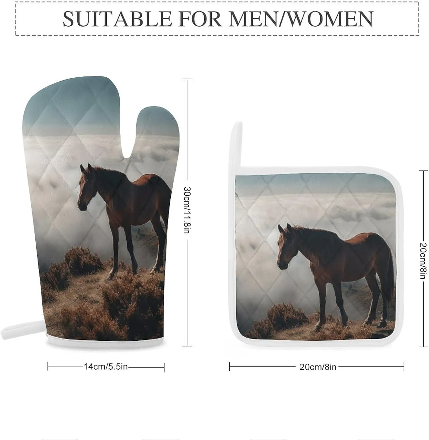 Oven Mitts and Pot Holders Sets of 4 Heat Resistant Kitchen Gloves Horse on A Misty Mountaintop Oven Mitts BBQ Gloves Oven Gloves and Hot Pads Non-Slip Potholders for Kitchen Baking Cooking