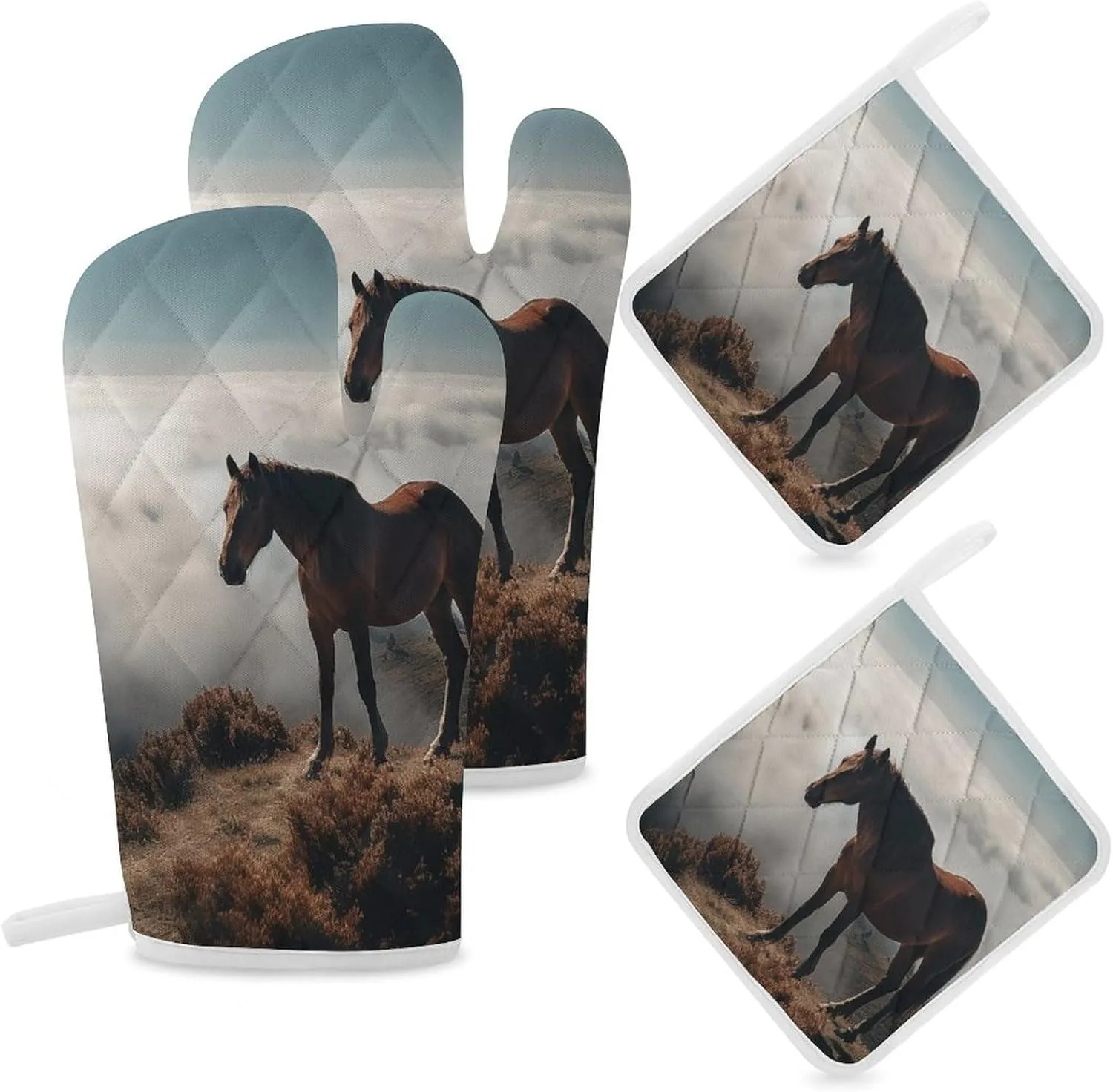 Oven Mitts and Pot Holders Sets of 4 Heat Resistant Kitchen Gloves Horse on A Misty Mountaintop Oven Mitts BBQ Gloves Oven Gloves and Hot Pads Non-Slip Potholders for Kitchen Baking Cooking