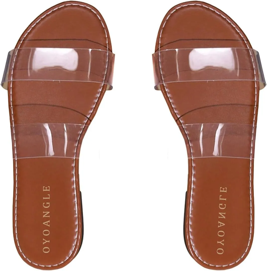 OYOANGLE Women's Clear Strap Flat Sandals Open Toe Double Band Casual Slide Sandals