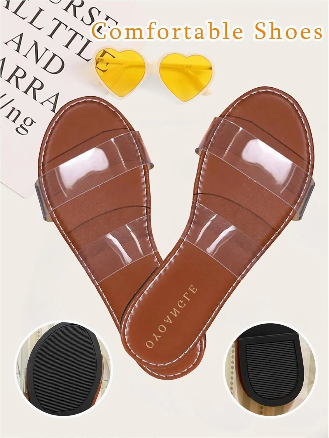 OYOANGLE Women's Clear Strap Flat Sandals Open Toe Double Band Casual Slide Sandals