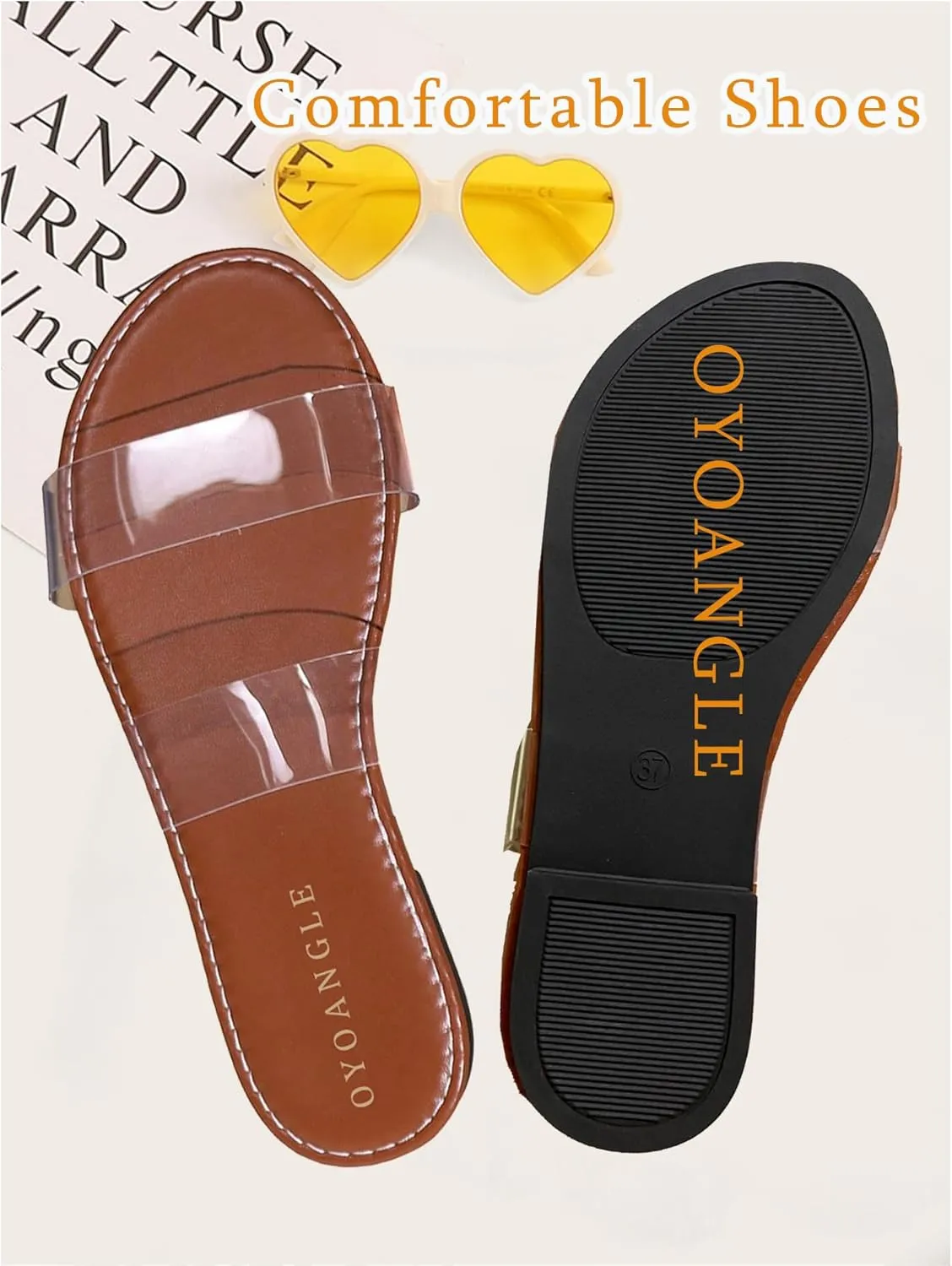 OYOANGLE Women's Clear Strap Flat Sandals Open Toe Double Band Casual Slide Sandals