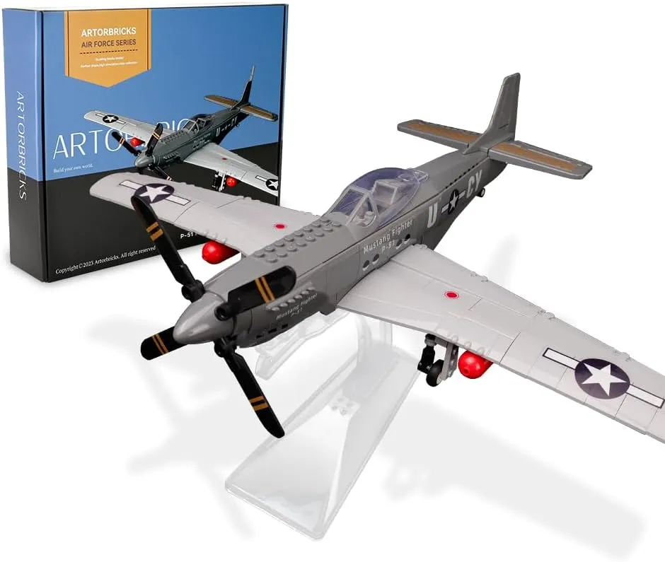 P-51 Mustang Fighter Airplane Military Building Set with Display Stand - 258 Piece Model Kit for Adults, Collectors & Hobbyists
