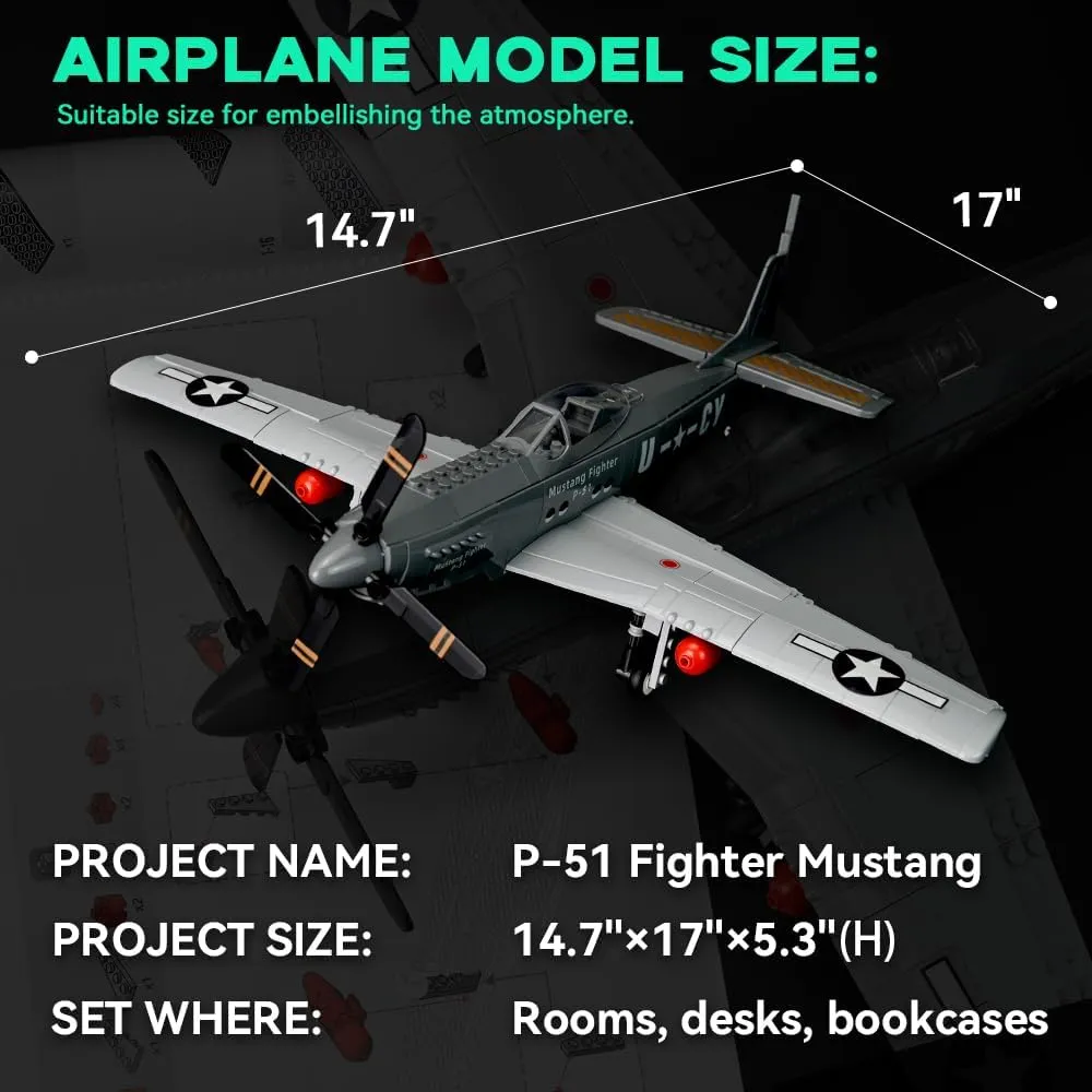 P-51 Mustang Fighter Airplane Military Building Set with Display Stand - 258 Piece Model Kit for Adults, Collectors & Hobbyists