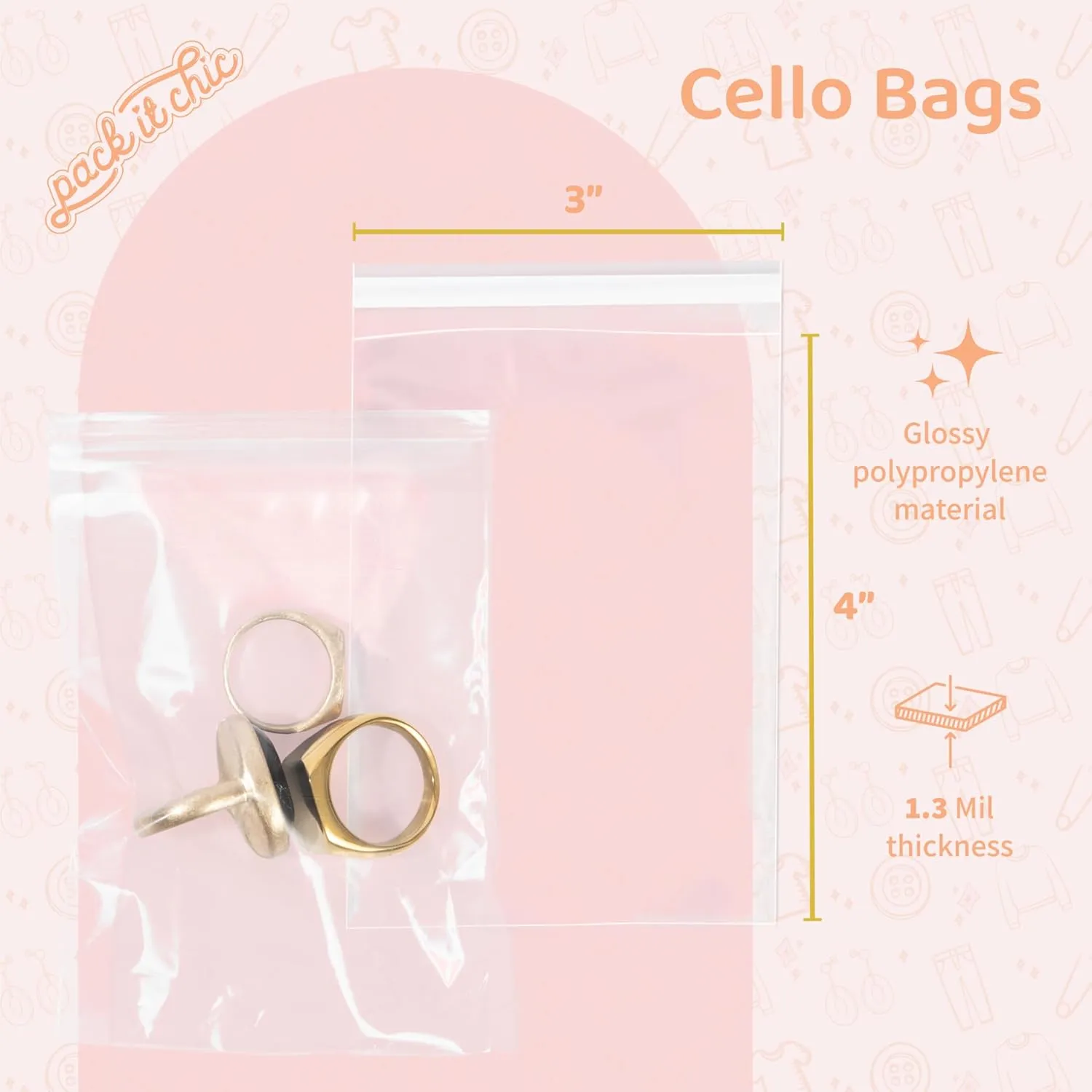 Pack It Chic - 3” X 4” (1000 Pack) Clear Resealable Cello Poly Bags for Jewelry, Cookies, Party Favors - Self Seal