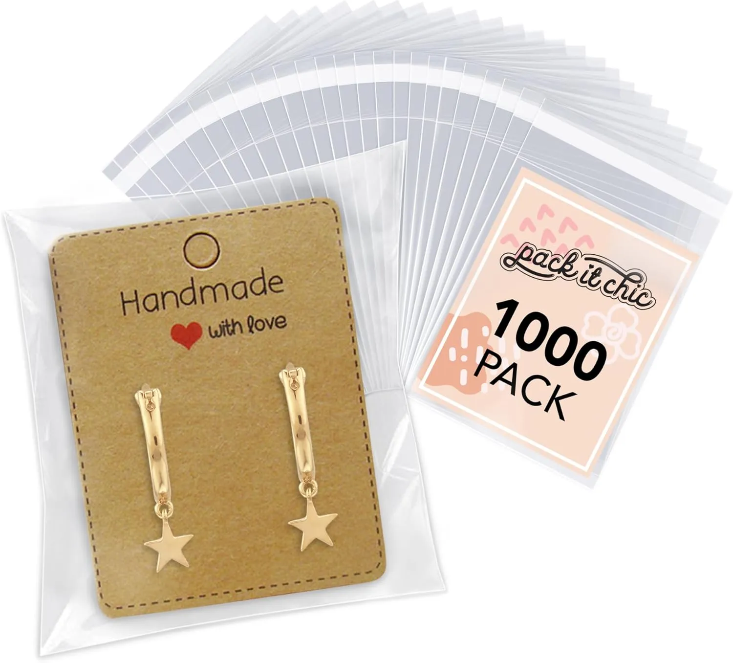 Pack It Chic - 3” X 4” (1000 Pack) Clear Resealable Cello Poly Bags for Jewelry, Cookies, Party Favors - Self Seal