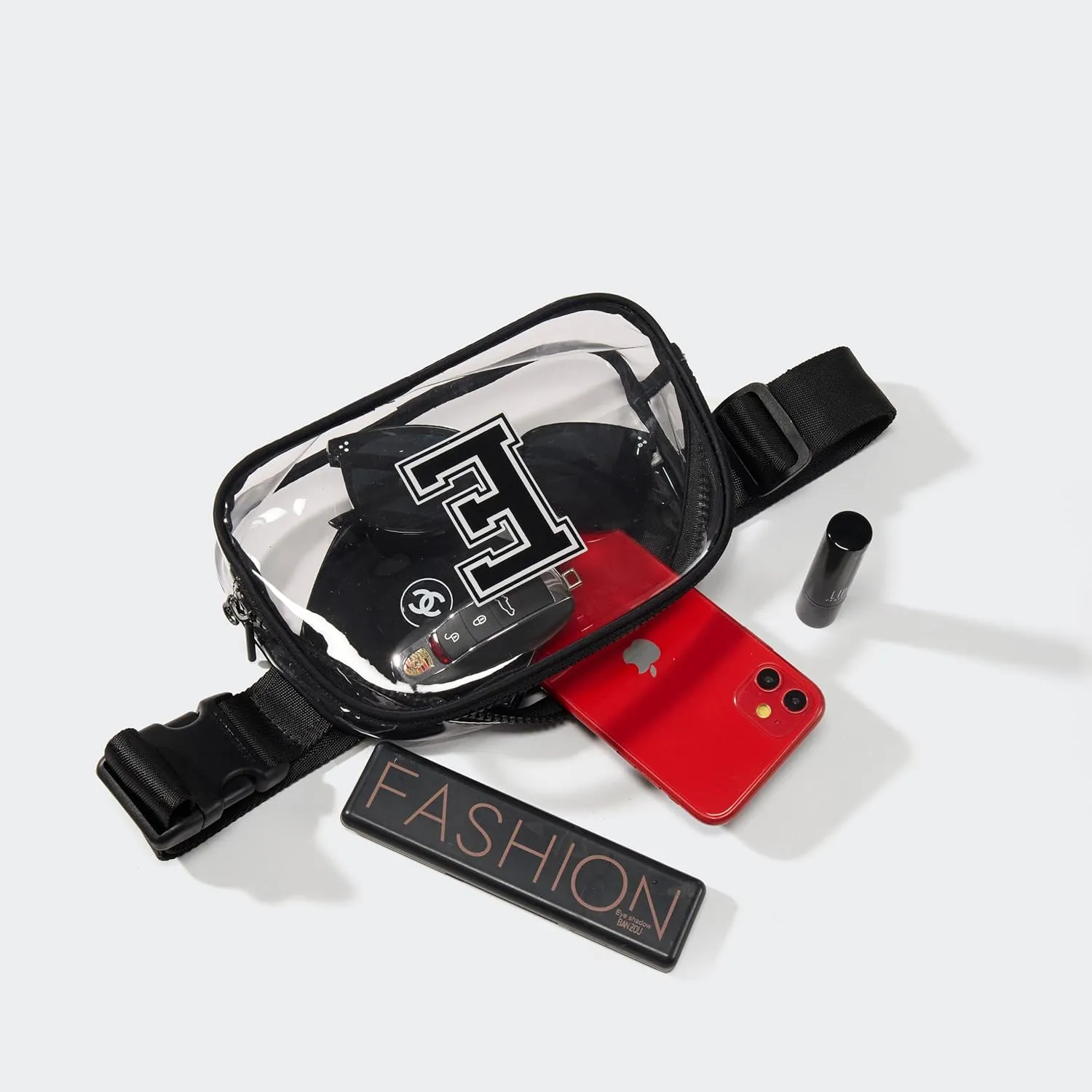 Pander Clear Small Belt Bag with Nylon Fabric Trim - Perfect for Game Day, Ballgame, Stadium Events Essentials - Black/E
