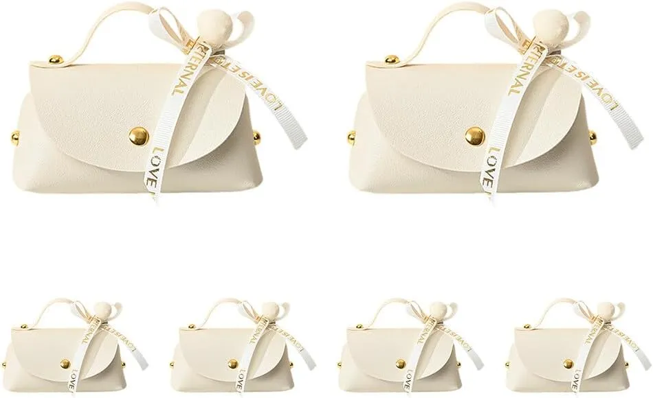 Party Favor Boxes, Leather Candy Boxes Favors Box with Bow Colorful Gift Boxes Creative Handbag Design Elegant Gift Packaging Bag for Wedding Bridal Shower Anniverary Birthday (6 PCS Beige)