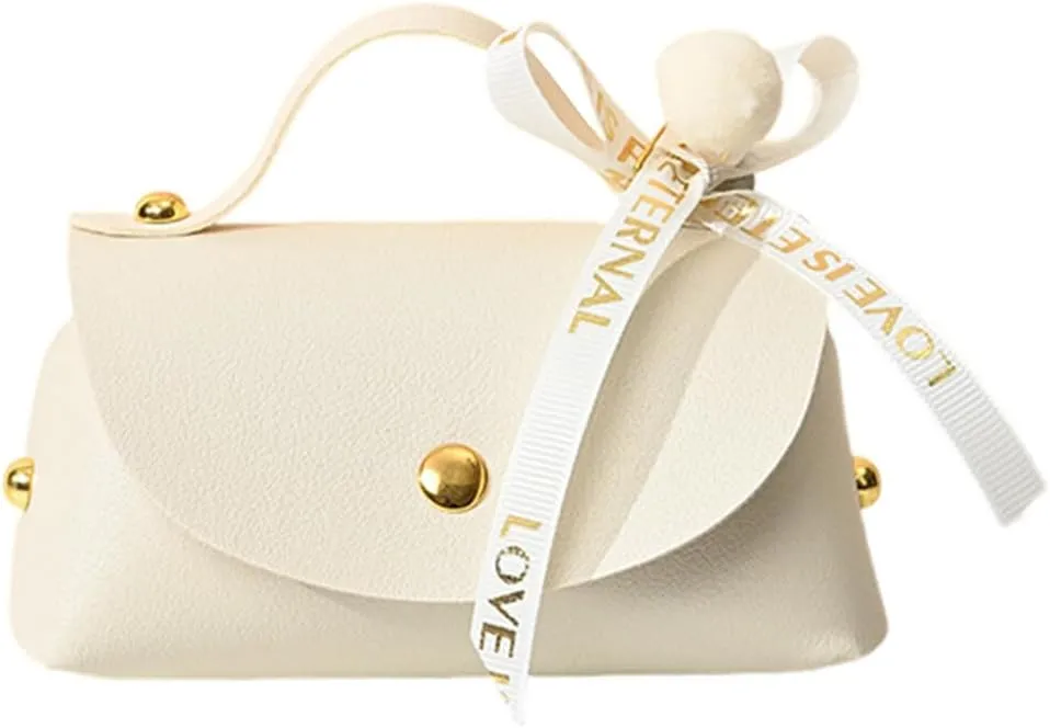 Party Favor Boxes, Leather Candy Boxes Favors Box with Bow Colorful Gift Boxes Creative Handbag Design Elegant Gift Packaging Bag for Wedding Bridal Shower Anniverary Birthday (6 PCS Beige)