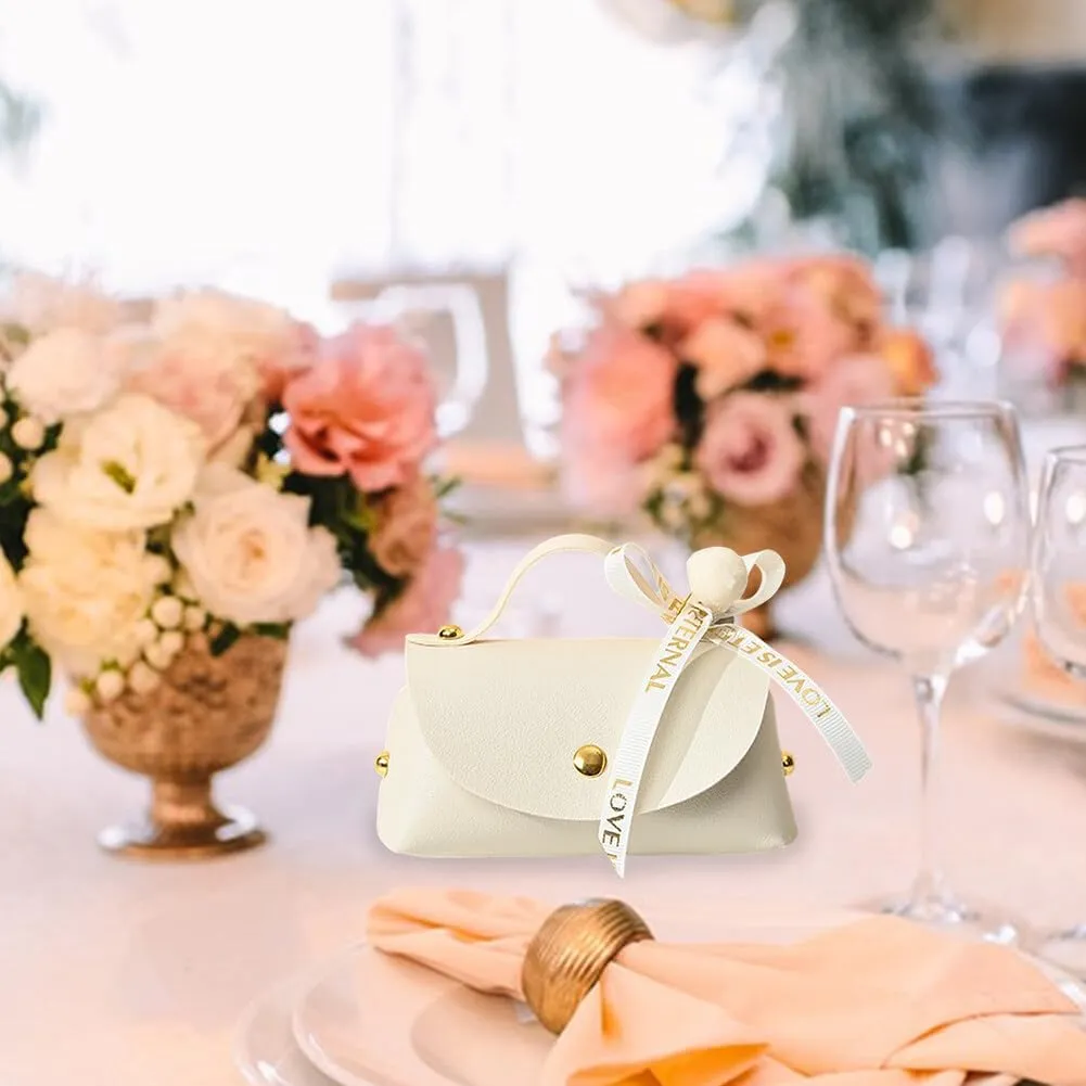 Party Favor Boxes, Leather Candy Boxes Favors Box with Bow Colorful Gift Boxes Creative Handbag Design Elegant Gift Packaging Bag for Wedding Bridal Shower Anniverary Birthday (6 PCS Beige)