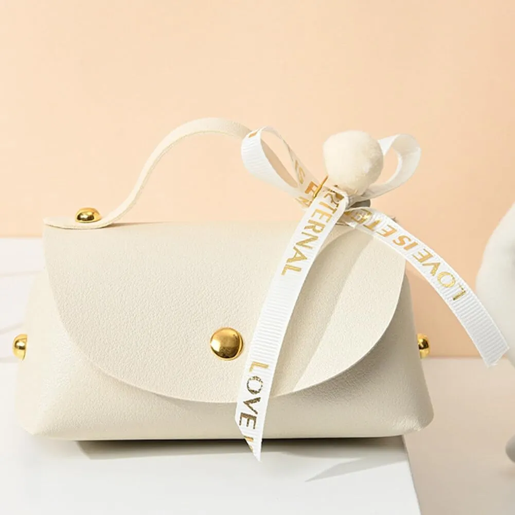 Party Favor Boxes, Leather Candy Boxes Favors Box with Bow Colorful Gift Boxes Creative Handbag Design Elegant Gift Packaging Bag for Wedding Bridal Shower Anniverary Birthday (6 PCS Beige)