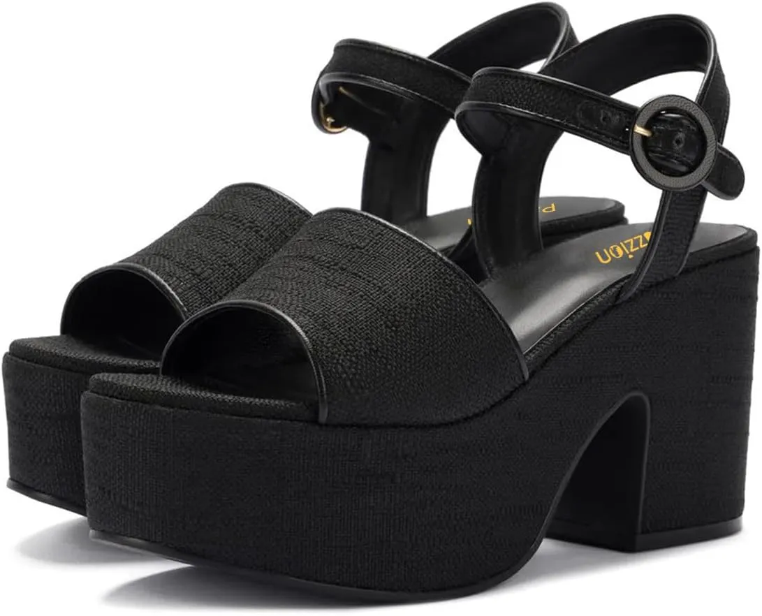 Pazzion Women Chunky High Heel Platform Sandals Open Toe Ankle Strap Buckle Ladies Shoes for Bridal Prom Event Size 4-16 US
