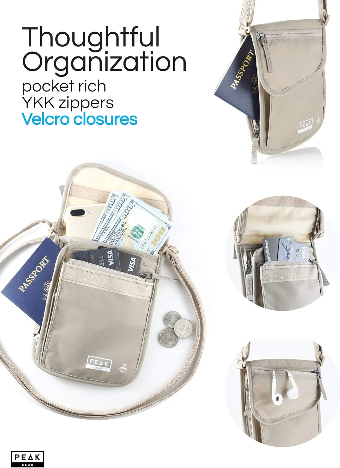 Peak Gear RFID Neck Wallet - The Original Travel Pouch with Adjustable Crossbody Strap   Theft Protection and Lost & Found Service | Beige