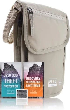 Peak Gear RFID Neck Wallet - The Original Travel Pouch with Adjustable Crossbody Strap   Theft Protection and Lost & Found Service | Beige