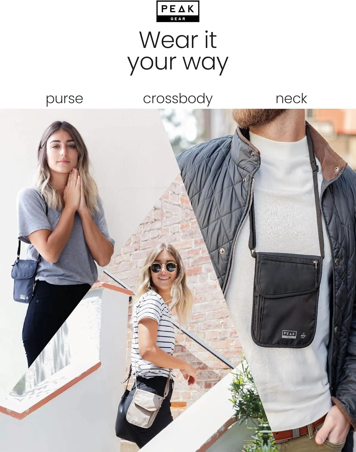 Peak Gear RFID Neck Wallet - The Original Travel Pouch with Adjustable Crossbody Strap   Theft Protection and Lost & Found Service | Beige
