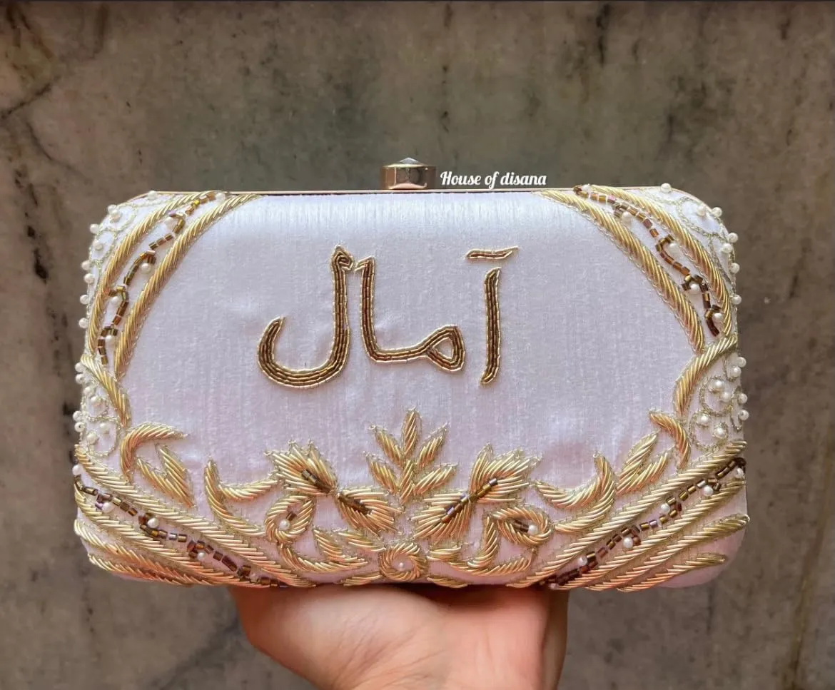 Personalized Custom Embroidery Clutch Purse for Women, Beaded Clutch Crossbody Bag with Gold Chain Strap for Wedding, Bridal Shower, bridesmaid gift Party, Engagement (White)