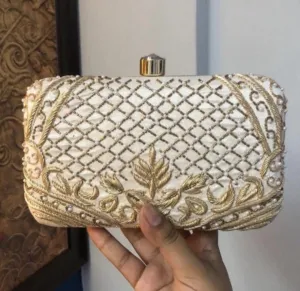 Personalized Custom Embroidery Clutch Purse for Women, Beaded Clutch Crossbody Bag with Gold Chain Strap for Wedding, Bridal Shower, bridesmaid gift Party, Engagement (White)