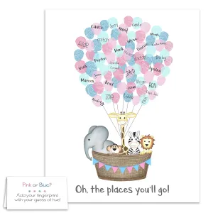 Personalized Jungle Safari Themed Gender Reveal Fingerprint Poster, Hot Air Balloon Adventure Theme Gender Guess Party Activity, Thumbprint Tree Pink or Blue, Unframed