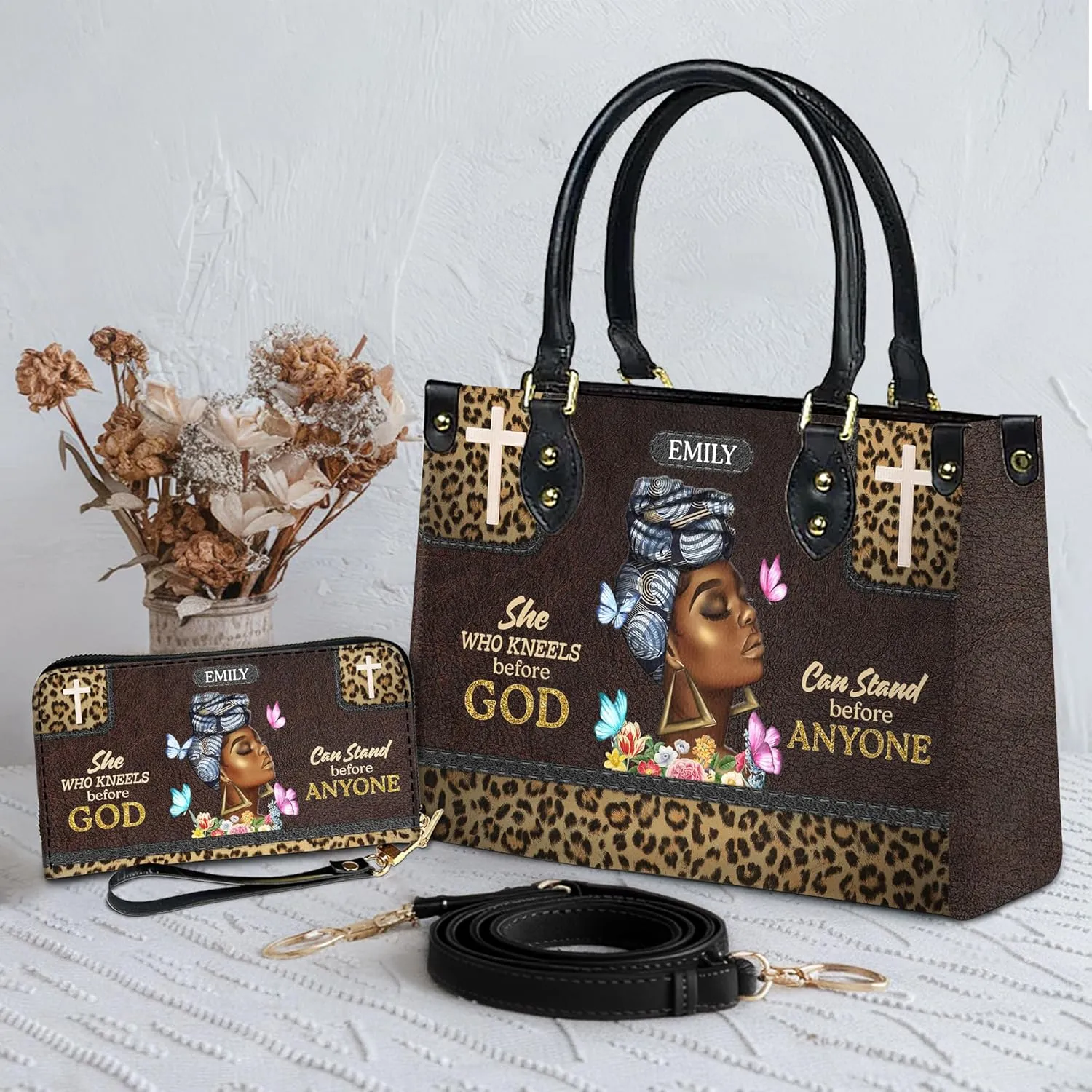Personalized Leather Handbag For Black African Women – Matching Purse and Wallet Set – Mother's Day Gifts for Melanin Woman