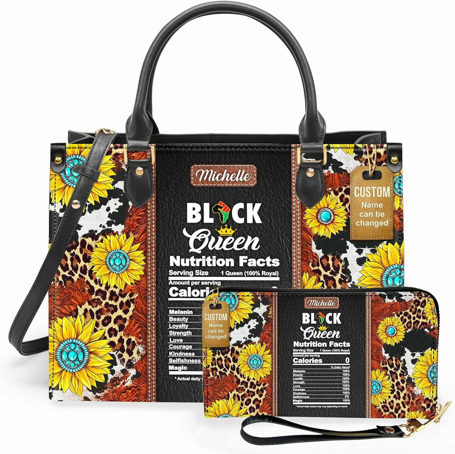 Personalized Leather Handbag For Black African Women – Matching Purse and Wallet Set – Mother's Day Gifts for Melanin Woman