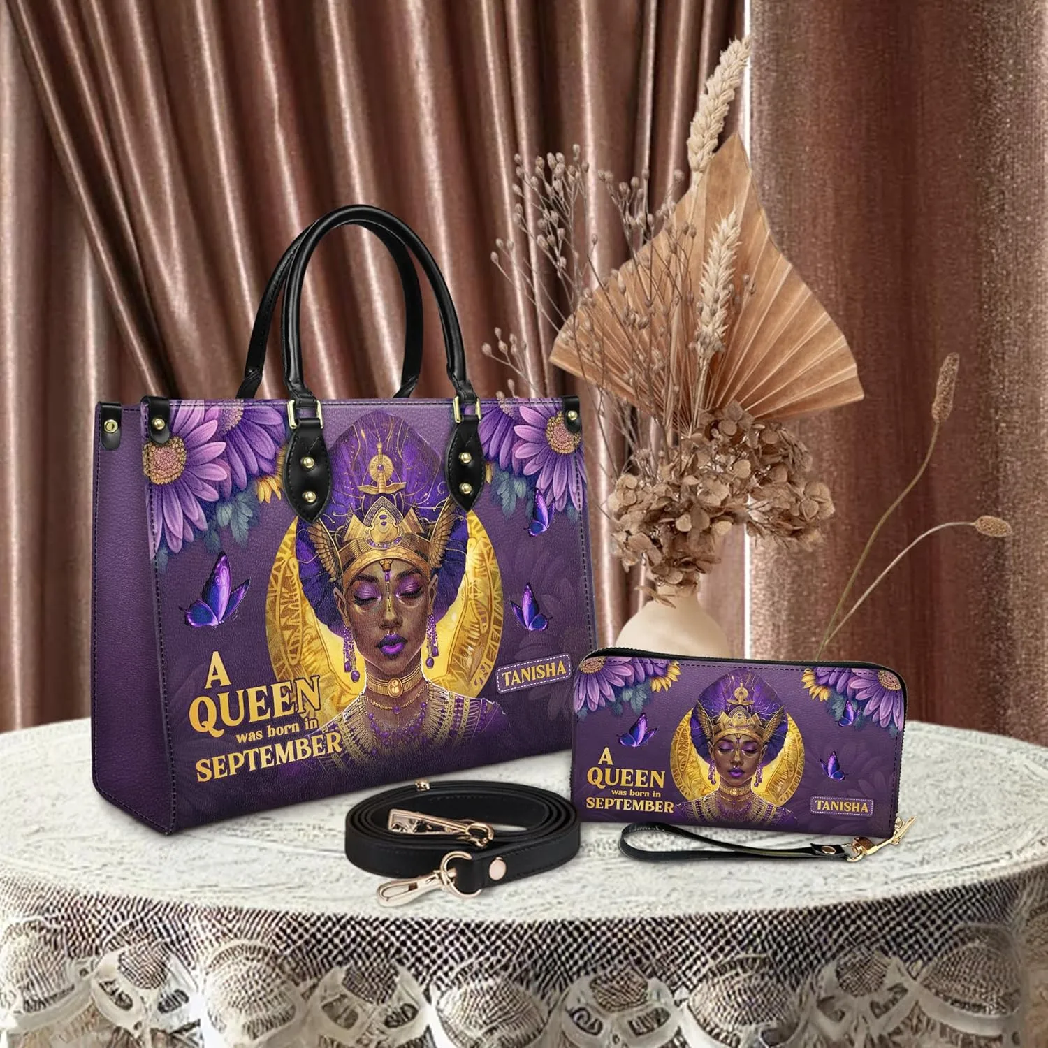 Personalized Leather Handbag For Black African Women – Matching Purse and Wallet Set – Mother's Day Gifts for Melanin Woman