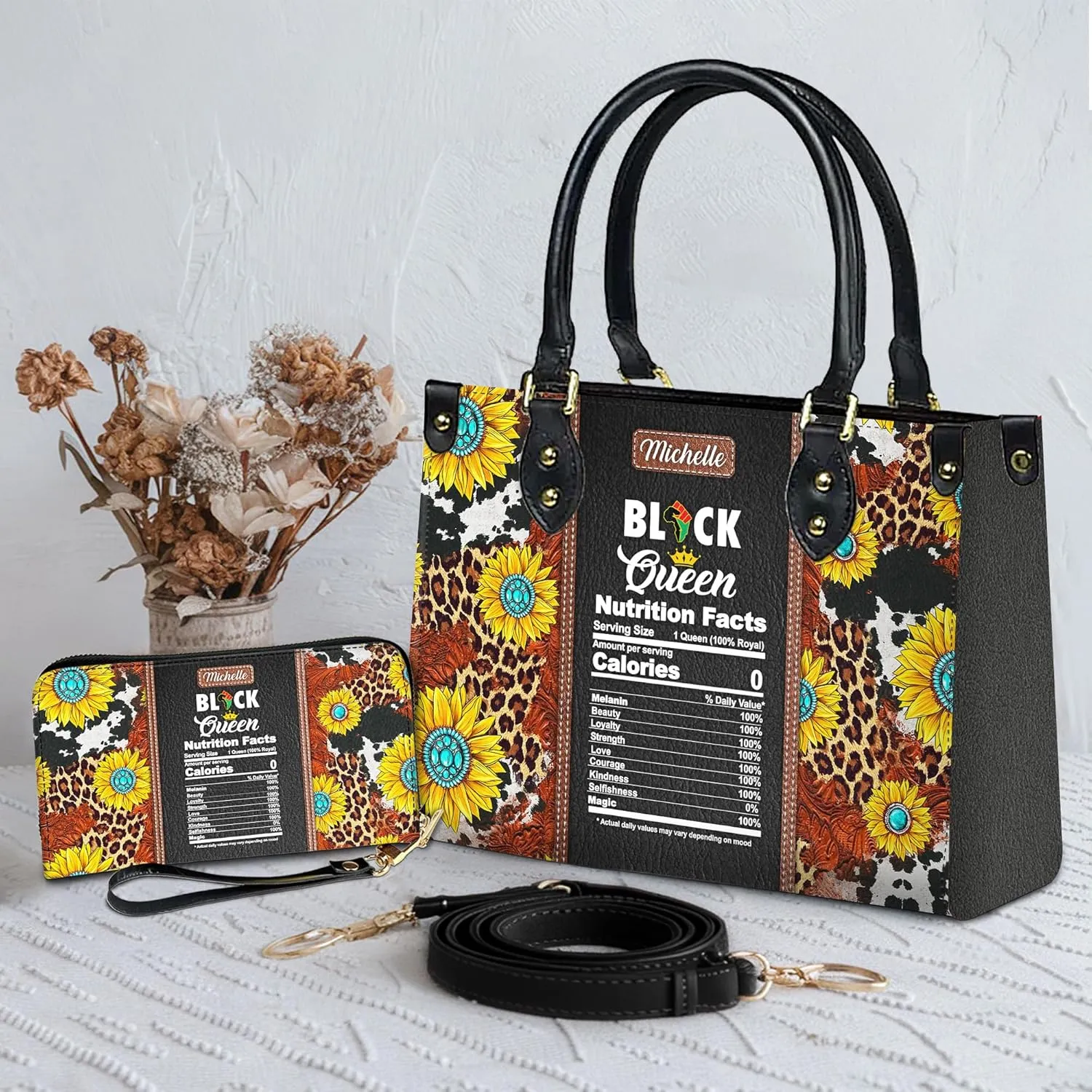 Personalized Leather Handbag For Black African Women – Matching Purse and Wallet Set – Mother's Day Gifts for Melanin Woman