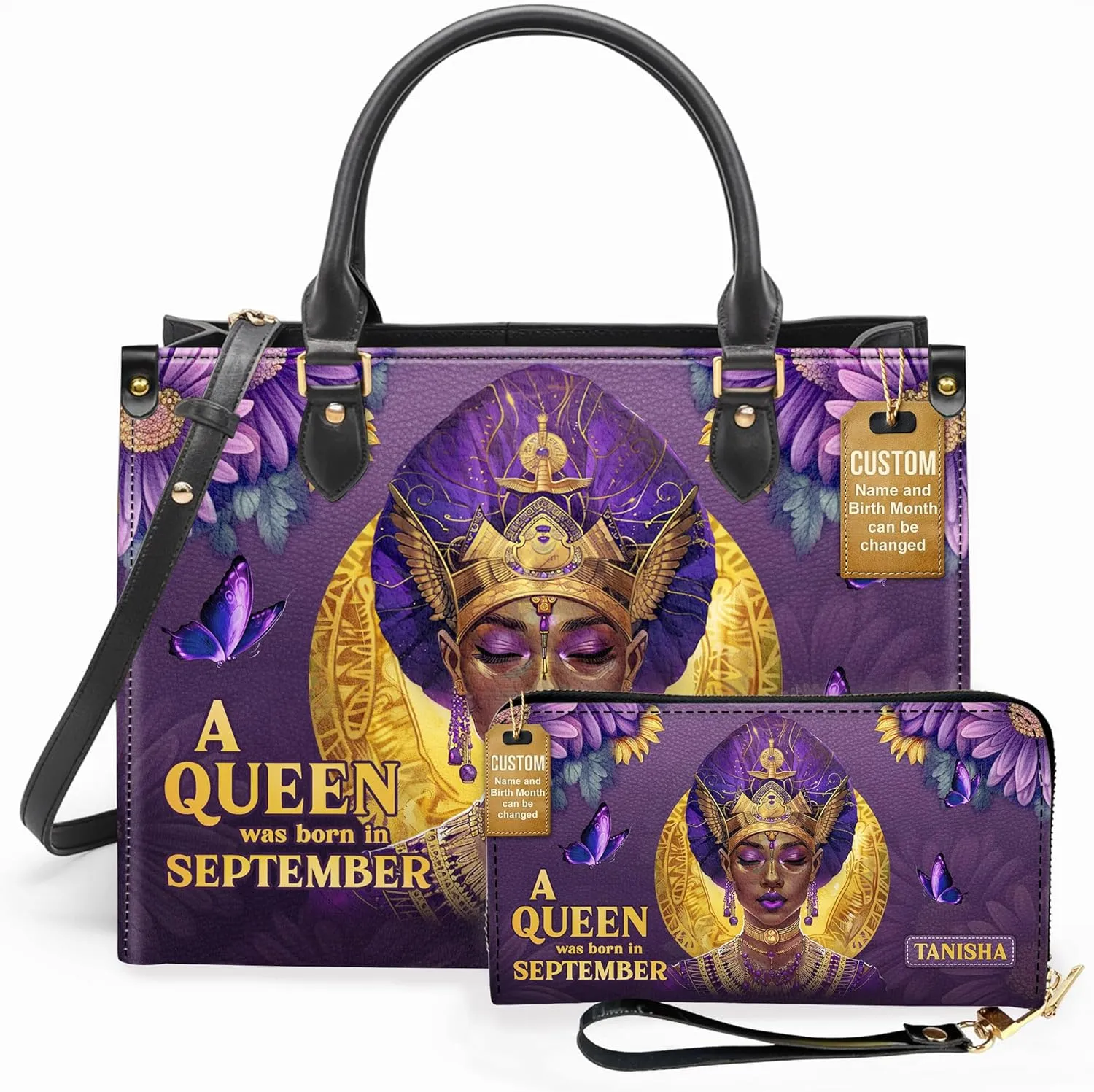 Personalized Leather Handbag For Black African Women – Matching Purse and Wallet Set – Mother's Day Gifts for Melanin Woman