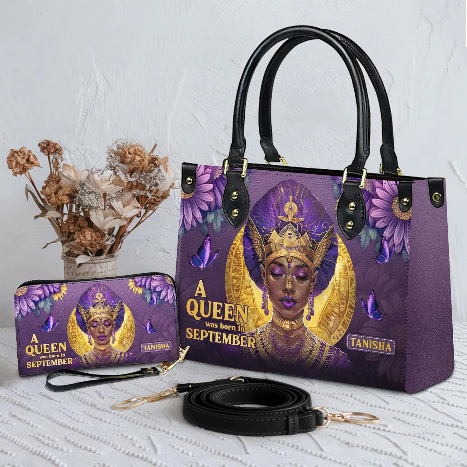 Personalized Leather Handbag For Black African Women – Matching Purse and Wallet Set – Mother's Day Gifts for Melanin Woman